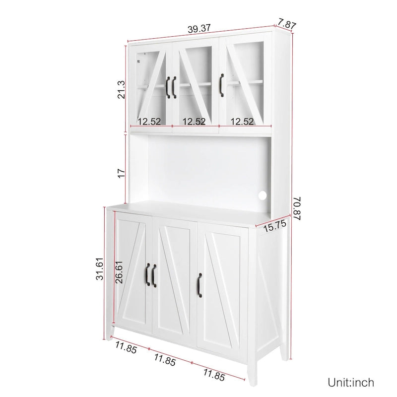 Meuble de cuisine autoportant Noyer / Noir / Blanc avec portes vitrées, tiroirs et étagères ouvertes
