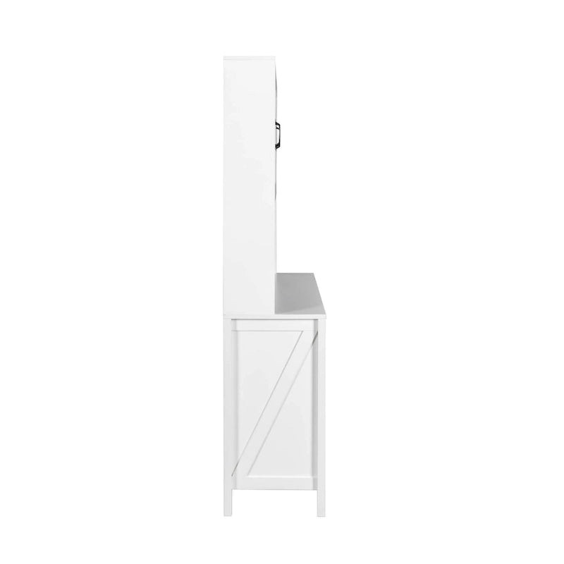 Meuble de cuisine autoportant Noyer / Noir / Blanc avec portes vitrées, tiroirs et étagères ouvertes