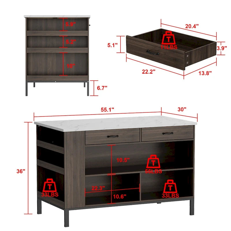 Bahut/buffet marron à 2 tiroirs avec étagère inférieure, largeur 140 cm