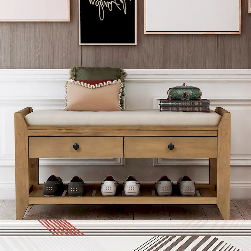 Old Pine Multipurpose Storage Bench with Cushioned Seat and Drawers