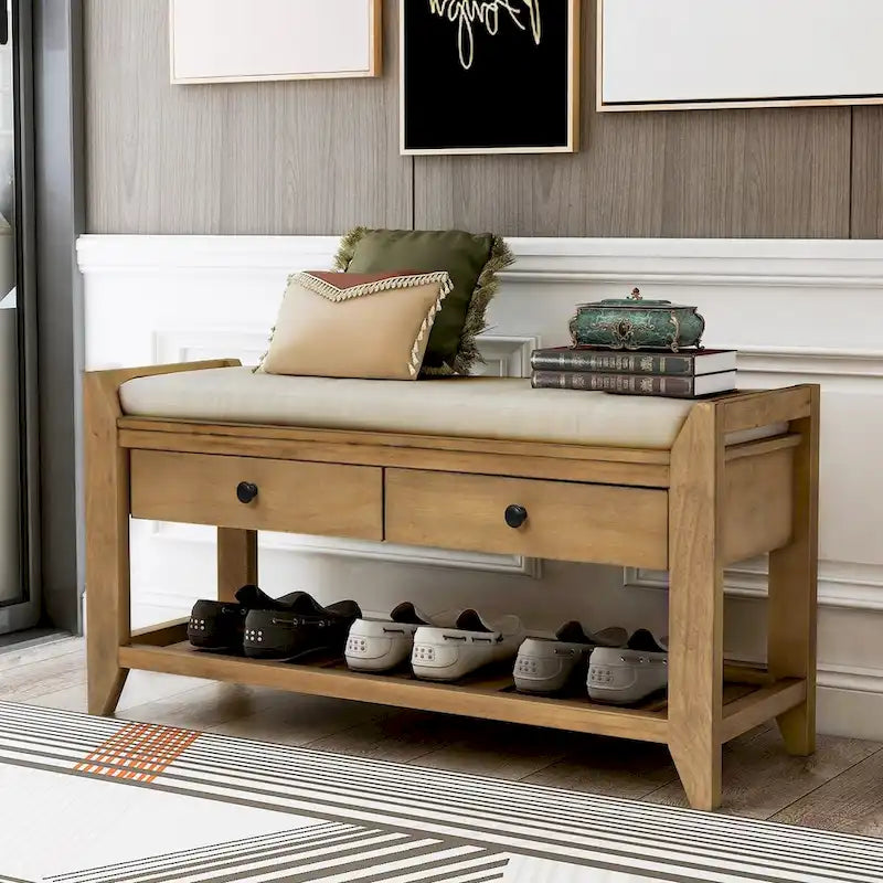 Banc de rangement en bois marron avec coussin et tiroirs, 2 places