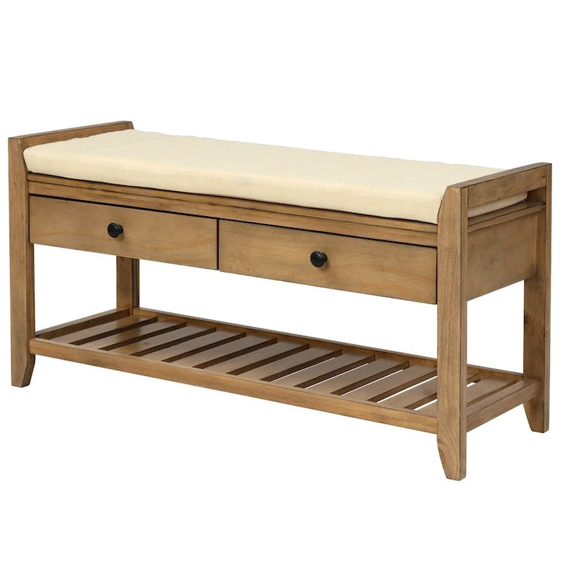 Banc de rangement en bois marron avec coussin et tiroirs, 2 places