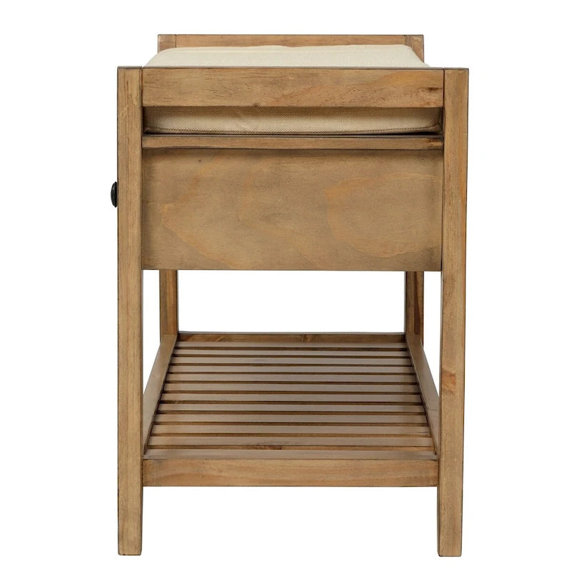 Banc de rangement en bois marron avec coussin et tiroirs, 2 places