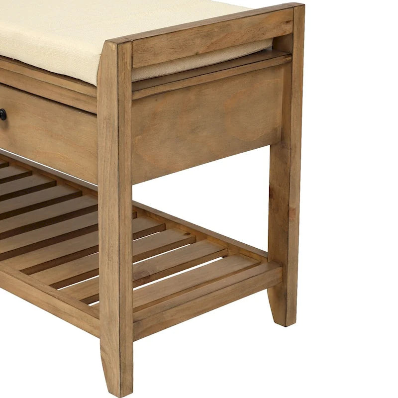 Banc de rangement en bois marron avec coussin et tiroirs, 2 places