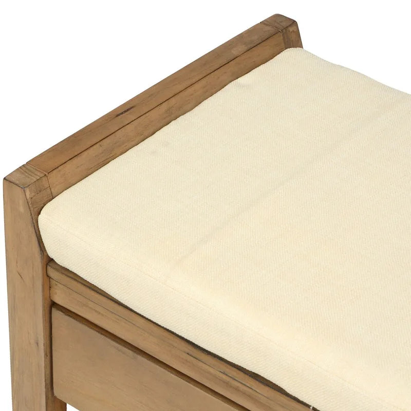 Banc de rangement en bois marron avec coussin et tiroirs, 2 places
