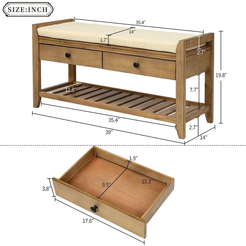 Banc de rangement en bois marron avec coussin et tiroirs, 2 places