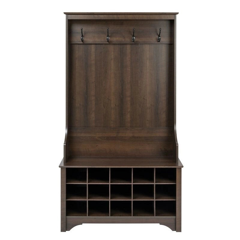 Dark Brown Entryway Hall Tree Shoe Cubbie Coat Rack - 68 H x 38 W x 15.5 D