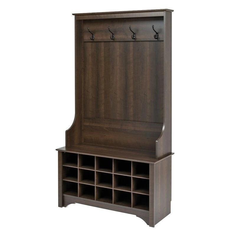 Porte-manteau marron foncé avec banc, 15 casiers à chaussures et 4 patères – Assemblage par 1 personne
