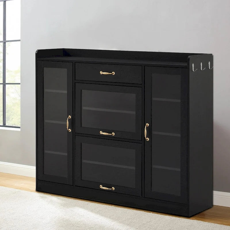 Meuble de rangement pour chaussures blanc et noir avec portes vitrées et poignées dorées