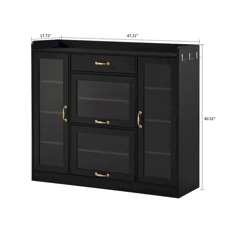 Meuble de rangement pour chaussures blanc et noir avec portes vitrées et poignées dorées