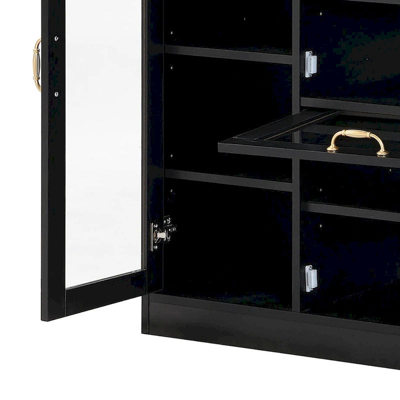 Meuble de rangement pour chaussures blanc et noir avec portes vitrées et poignées dorées