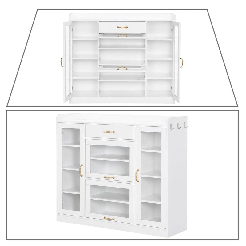 Meuble de rangement pour chaussures blanc et noir avec portes vitrées et poignées dorées