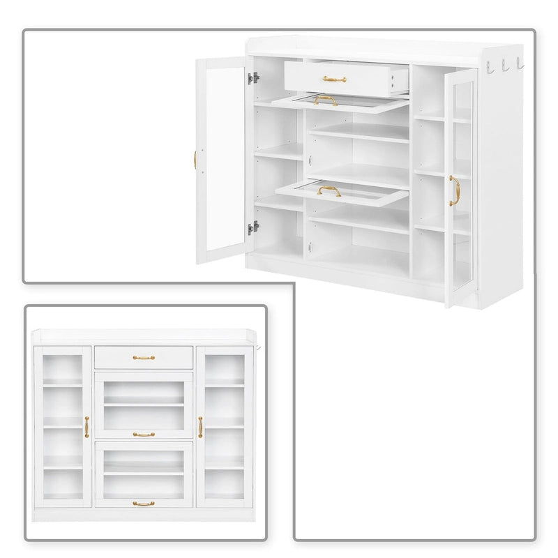 Meuble de rangement pour chaussures blanc et noir avec portes vitrées et poignées dorées