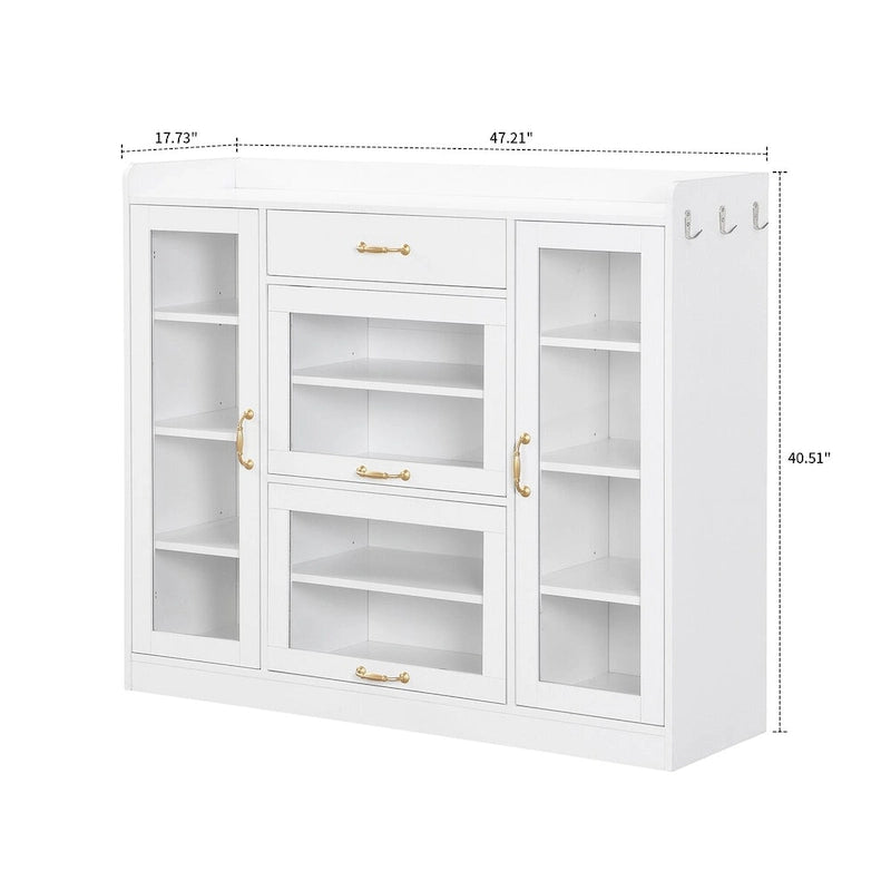 Meuble de rangement pour chaussures blanc et noir avec portes vitrées et poignées dorées