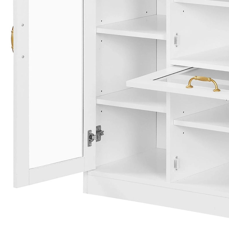 Meuble de rangement pour chaussures blanc et noir avec portes vitrées et poignées dorées
