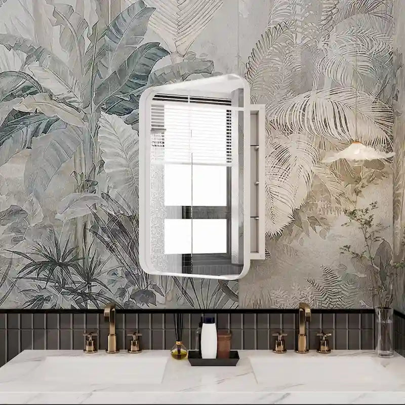 Armoire de toilette encastrée à cadre métallique noir/blanc avec miroir, 16x24 po