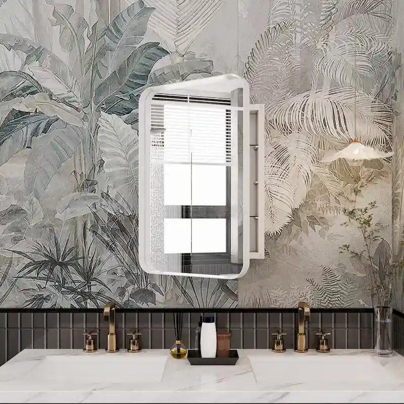 Armoire de toilette encastrée à cadre métallique noir/blanc avec miroir, 16x24 po