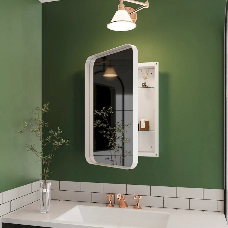 Armoire de toilette encastrée à cadre métallique noir/blanc avec miroir, 16x24 po