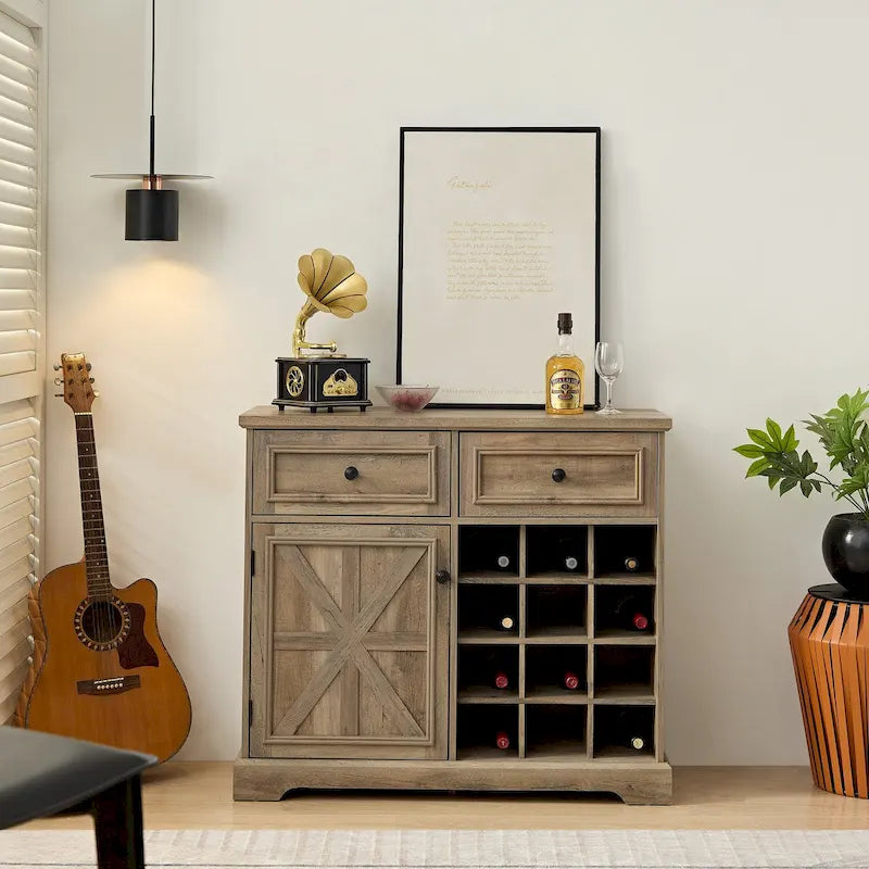 Buffet de rangement pour cave à vin et bar avec porte de grange, 12 bouteilles, 2 tiroirs, finition expresso et gris délavé