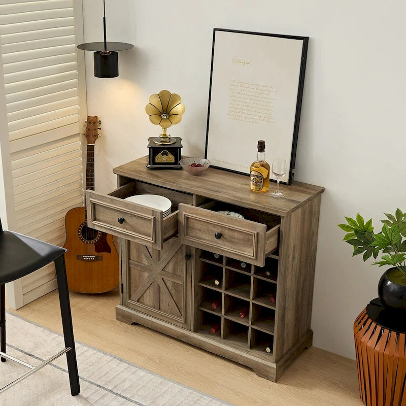 Buffet de rangement pour cave à vin et bar avec porte de grange, 12 bouteilles, 2 tiroirs, finition expresso et gris délavé