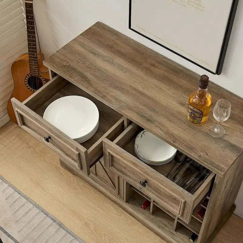 Buffet de rangement pour cave à vin et bar avec porte de grange, 12 bouteilles, 2 tiroirs, finition expresso et gris délavé