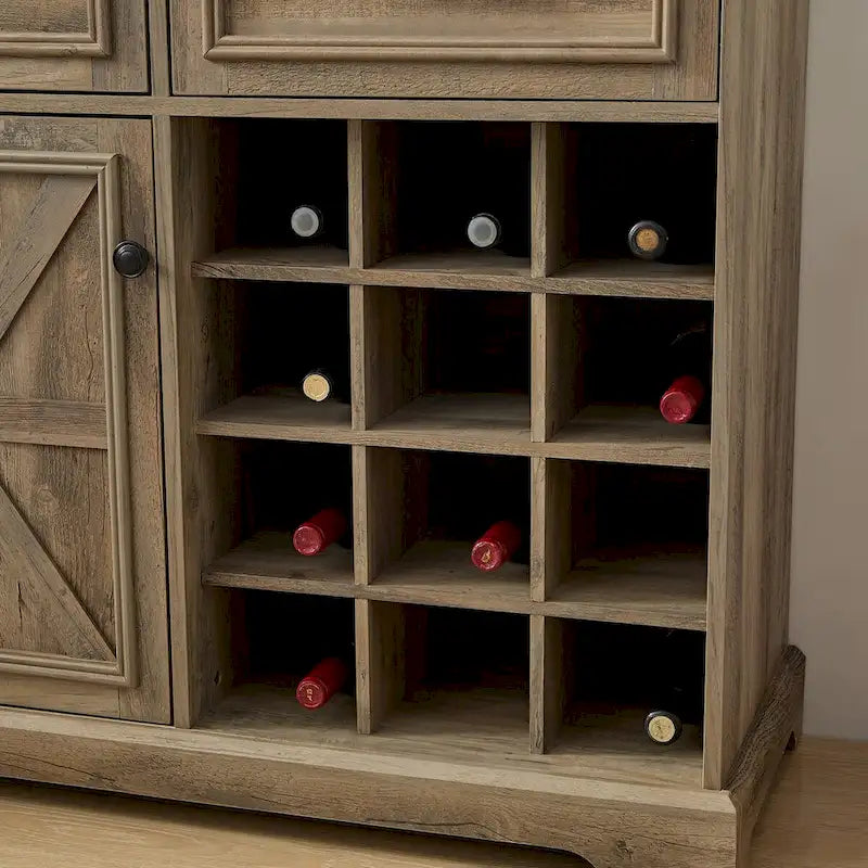 Buffet de rangement pour cave à vin et bar avec porte de grange, 12 bouteilles, 2 tiroirs, finition expresso et gris délavé