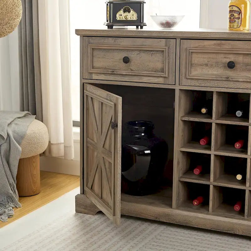 Buffet de rangement pour cave à vin et bar avec porte de grange, 12 bouteilles, 2 tiroirs, finition expresso et gris délavé