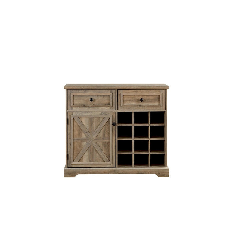 Buffet de rangement pour cave à vin et bar avec porte de grange, 12 bouteilles, 2 tiroirs, finition expresso et gris délavé