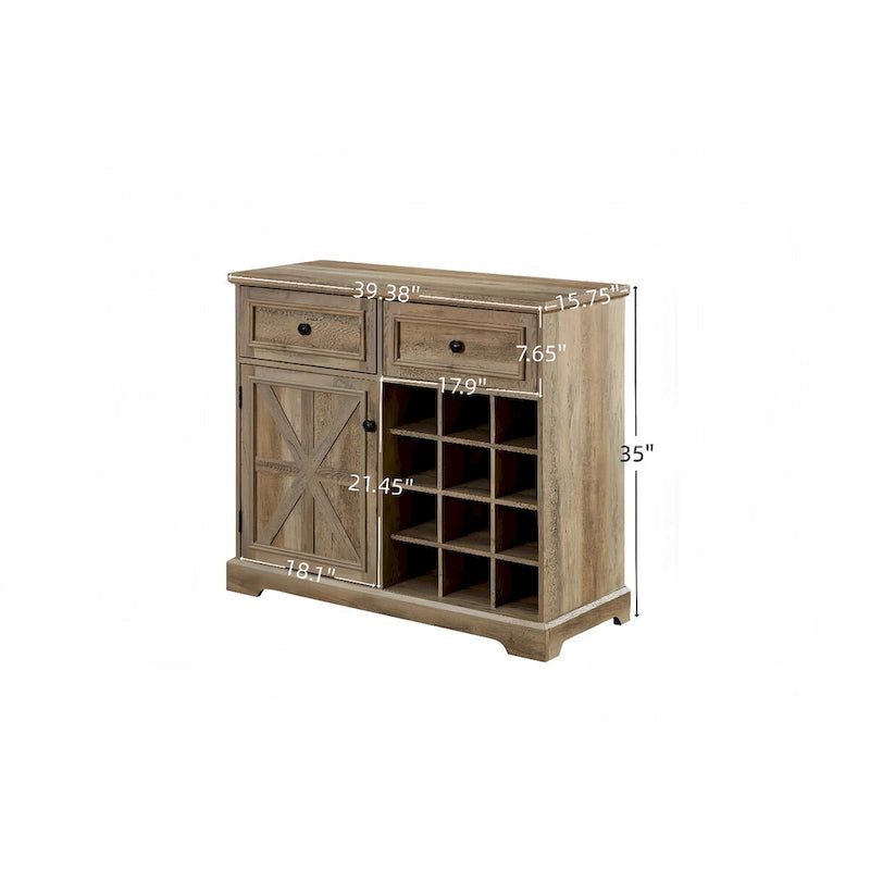 Buffet de rangement pour cave à vin et bar avec porte de grange, 12 bouteilles, 2 tiroirs, finition expresso et gris délavé