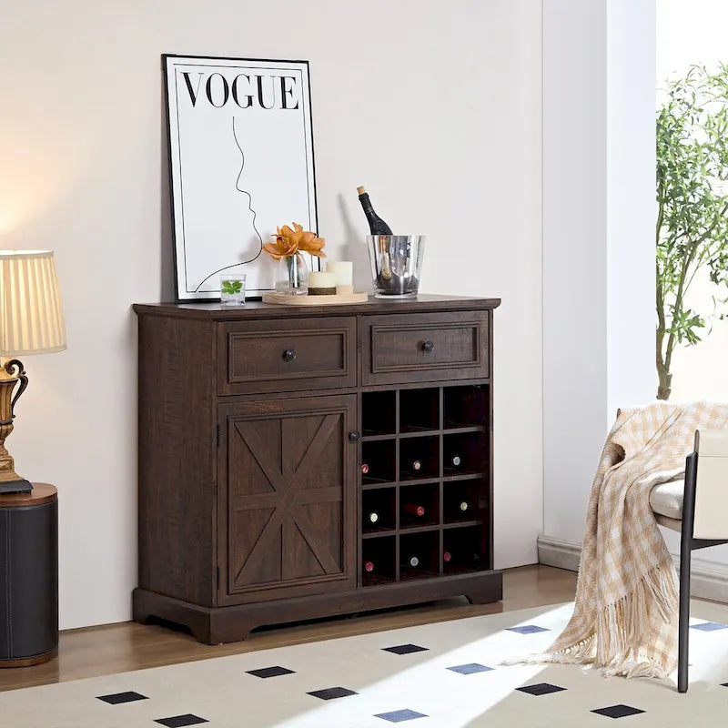 Buffet de rangement pour cave à vin et bar avec porte de grange, 12 bouteilles, 2 tiroirs, finition expresso et gris délavé