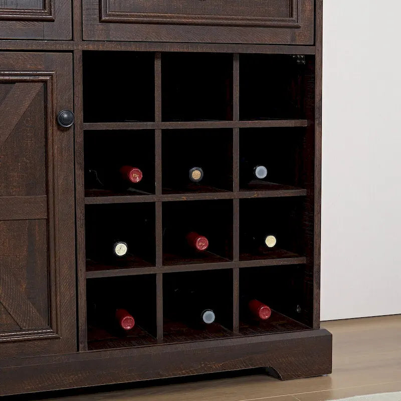 Buffet de rangement pour cave à vin et bar avec porte de grange, 12 bouteilles, 2 tiroirs, finition expresso et gris délavé