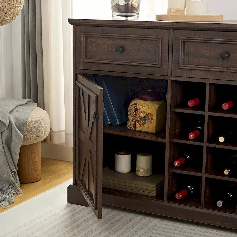 Buffet de rangement pour cave à vin et bar avec porte de grange, 12 bouteilles, 2 tiroirs, finition expresso et gris délavé