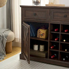 Buffet de rangement pour cave à vin et bar avec porte de grange, 12 bouteilles, 2 tiroirs, finition expresso et gris délavé