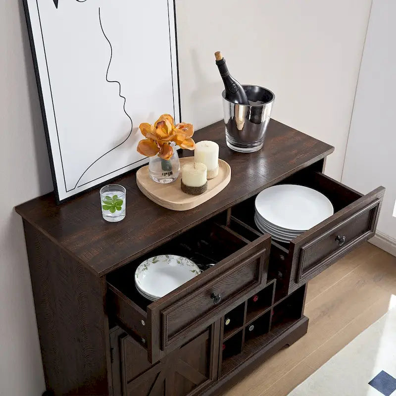 Buffet de rangement pour cave à vin et bar avec porte de grange, 12 bouteilles, 2 tiroirs, finition expresso et gris délavé