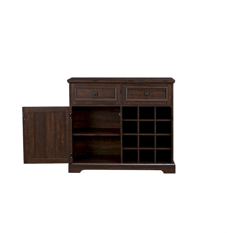 Buffet de rangement pour cave à vin et bar avec porte de grange, 12 bouteilles, 2 tiroirs, finition expresso et gris délavé