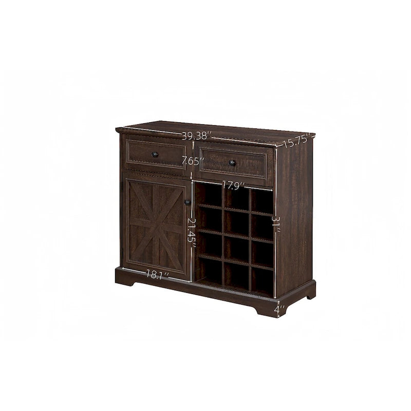 Buffet de rangement pour cave à vin et bar avec porte de grange, 12 bouteilles, 2 tiroirs, finition expresso et gris délavé