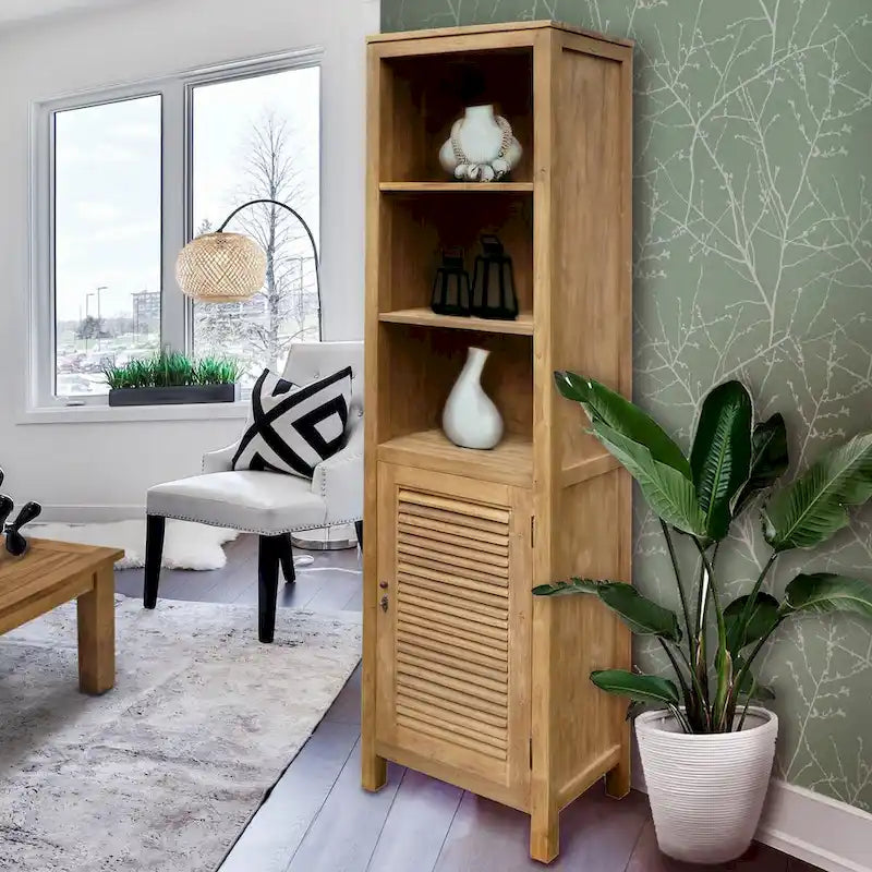 Armoire persienne beige, 3 étagères ouvertes + porte persienne, assemblage par 1 personne