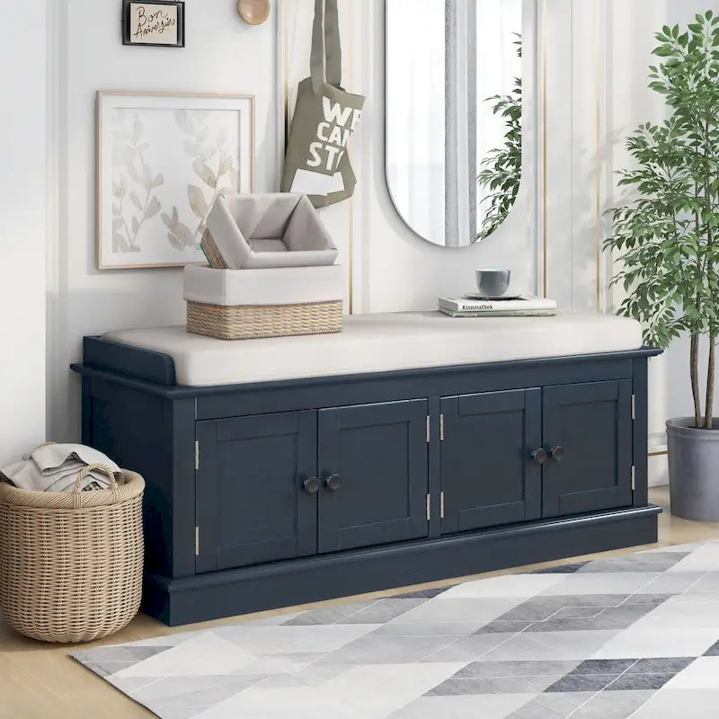 Banc de rangement avec 4 portes, Bleu marine antique / Blanc, Banc à chaussures 2 places avec coussin amovible