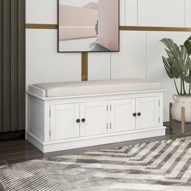 Banc de rangement avec 4 portes, Bleu marine antique / Blanc, Banc à chaussures 2 places avec coussin amovible