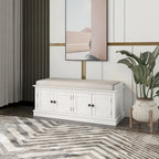 Banc de rangement avec 4 portes, Bleu marine antique / Blanc, Banc à chaussures 2 places avec coussin amovible