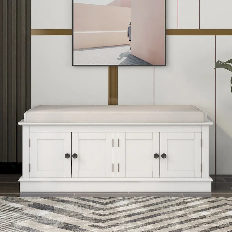 Banc de rangement avec 4 portes, Bleu marine antique / Blanc, Banc à chaussures 2 places avec coussin amovible