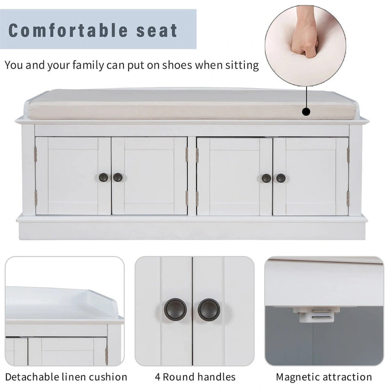 Banc de rangement avec 4 portes, Bleu marine antique / Blanc, Banc à chaussures 2 places avec coussin amovible