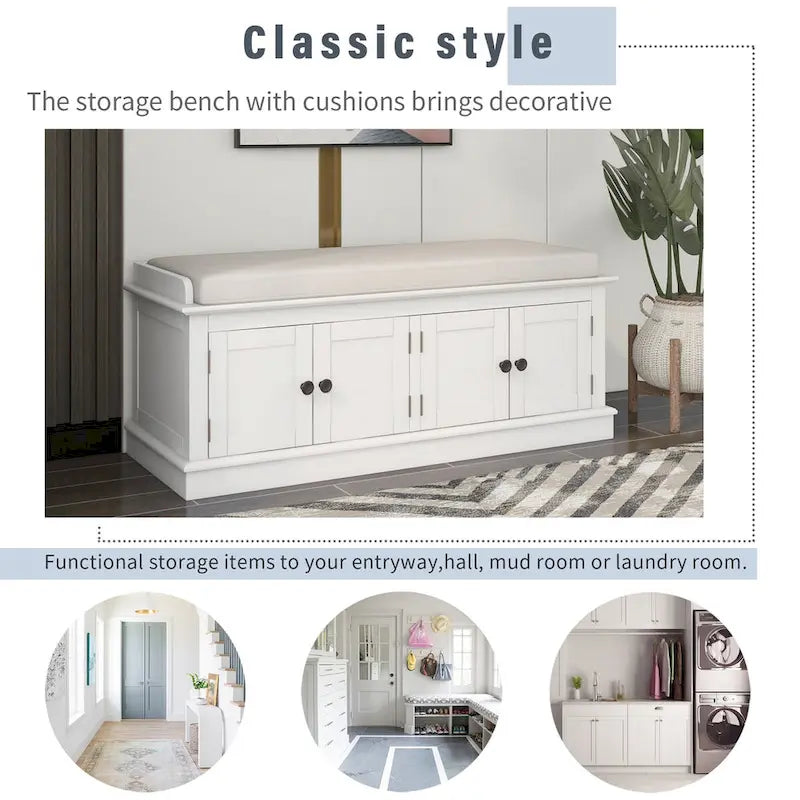 Banc de rangement avec 4 portes, Bleu marine antique / Blanc, Banc à chaussures 2 places avec coussin amovible