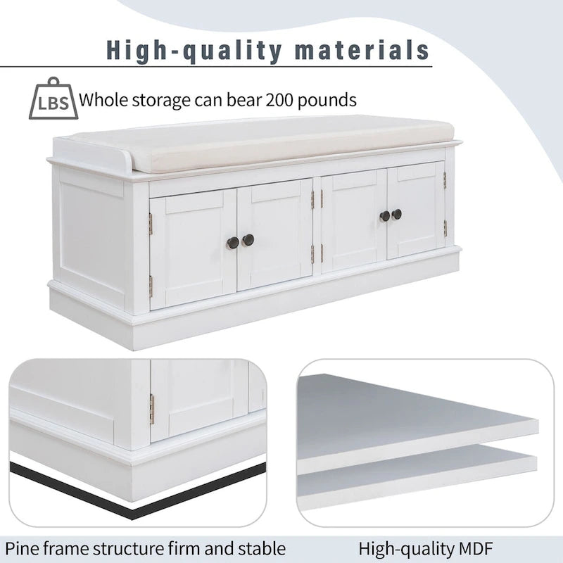 Banc de rangement avec 4 portes, Bleu marine antique / Blanc, Banc à chaussures 2 places avec coussin amovible