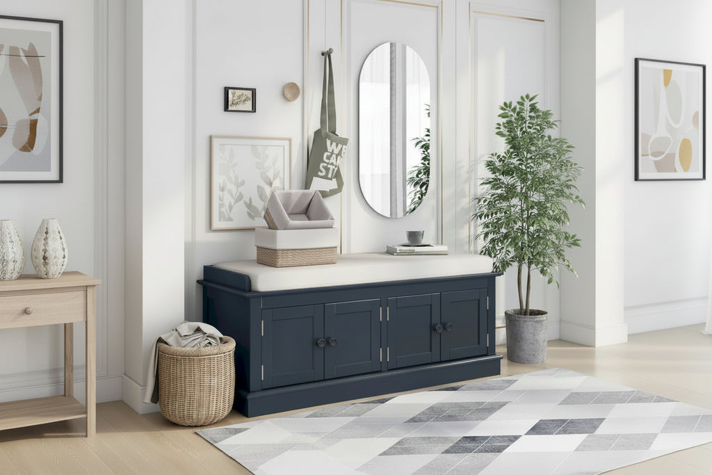 Banc de rangement avec 4 portes, Bleu marine antique / Blanc, Banc à chaussures 2 places avec coussin amovible