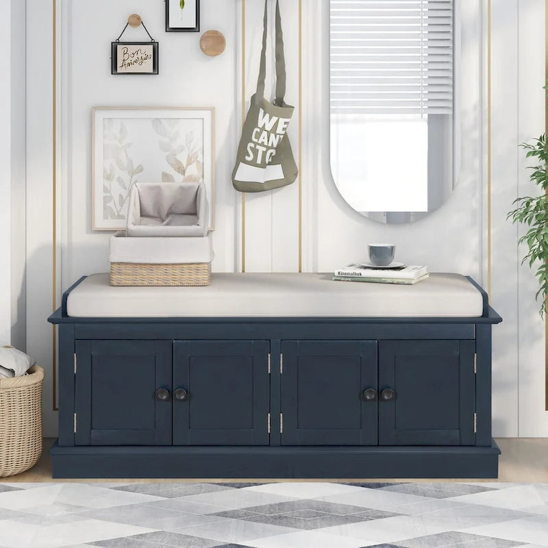 Banc de rangement avec 4 portes, Bleu marine antique / Blanc, Banc à chaussures 2 places avec coussin amovible