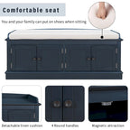 Banc de rangement avec 4 portes, Bleu marine antique / Blanc, Banc à chaussures 2 places avec coussin amovible