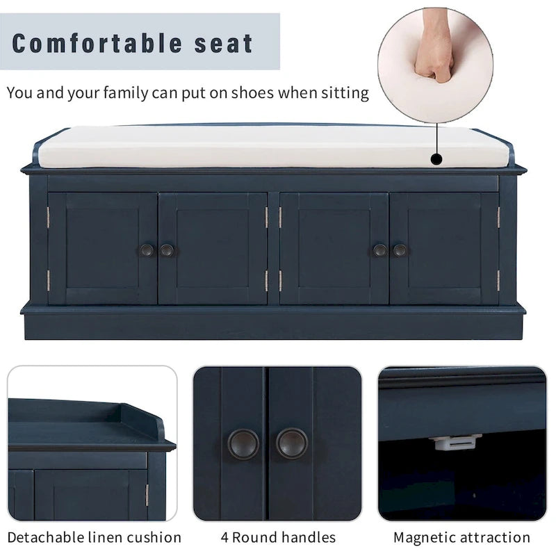 Banc de rangement avec 4 portes, Bleu marine antique / Blanc, Banc à chaussures 2 places avec coussin amovible