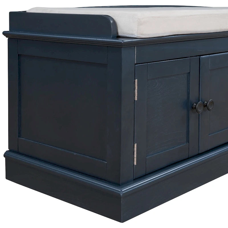 Banc de rangement avec 4 portes, Bleu marine antique / Blanc, Banc à chaussures 2 places avec coussin amovible