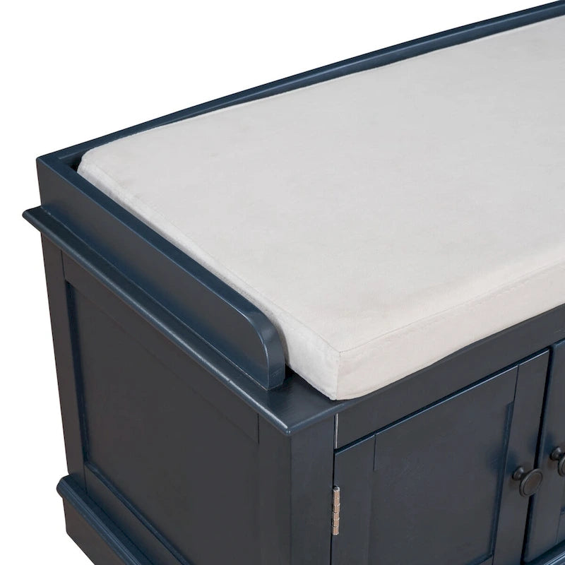 Banc de rangement avec 4 portes, Bleu marine antique / Blanc, Banc à chaussures 2 places avec coussin amovible